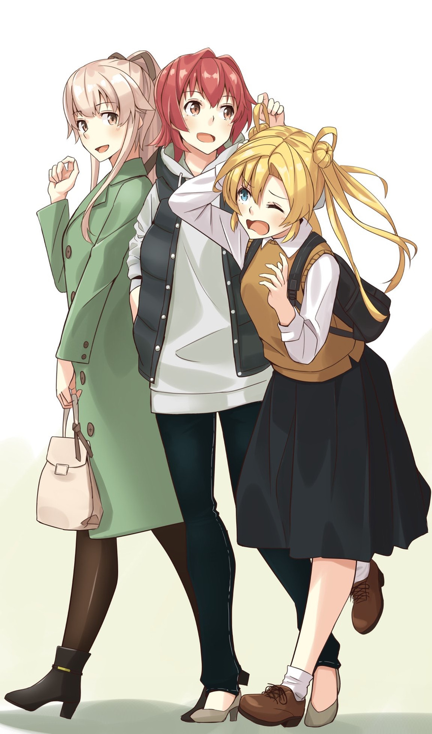 :d abukuma_(kantai_collection) alternate_costume black_footwear black_pants black_skirt black_vest blonde_hair blue_eyes brown_footwear brown_legwear brown_vest buttons coat girl_sandwich green_coat hair_rings highres kantai_collection kinu_(kantai_collection) long_hair long_sleeves multiple_girls negahami one_eye_closed open_mouth pants pink_hair pleated_skirt ponytail red_eyes red_hair sandwiched shirt shoes short_hair skirt smile sweater_vest vest white_shirt yellow_eyes yura_(kantai_collection)