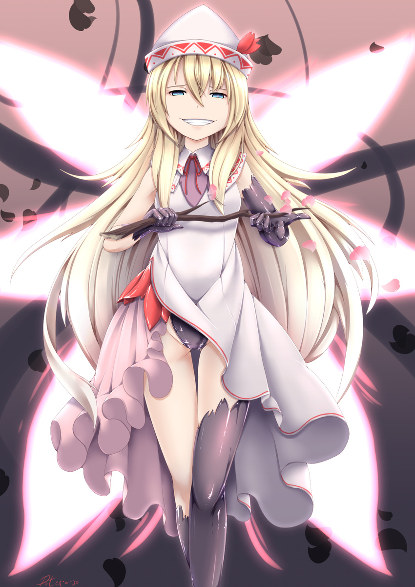asymmetrical_clothes blonde_hair blue_eyes cherry_blossoms commentary_request corruption dark_persona elbow_gloves evil_grin evil_smile fairy_wings gloves grin hat highres inyuppo lily_white long_hair multiple_wings narrowed_eyes petals smile solo thighhighs touhou twig very_long_hair wings