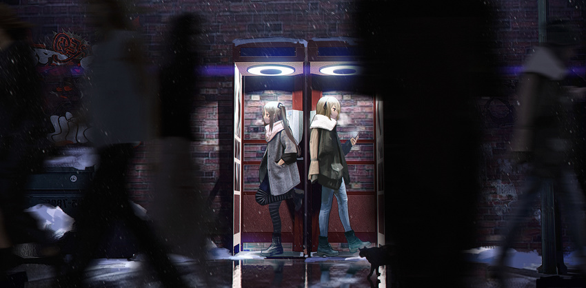 absurdres bangs black_ribbon blurry brown_hair cellphone coat commentary crowded denim doitsu_no_kagaku expressionless girls_frontline grey_hair hair_ribbon hand_in_pocket highres holding holding_phone jeans long_hair multiple_girls open_clothes open_coat outdoors pants pantyhose phone phone_booth ribbon scarf sidelocks smartphone snow standing striped striped_legwear twintails ump40_(girls_frontline) ump45_(girls_frontline) wallpaper