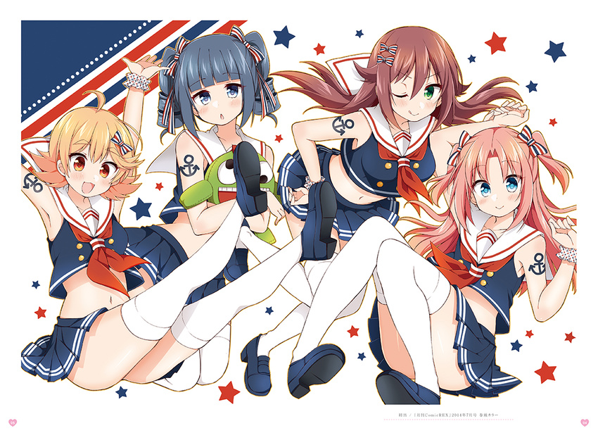 1boy 3girls :d ;p ahoge albertina_the_2nd anchor_tattoo arikawa_hime arm_tattoo arm_up armpit_peek armpits arms_up bangs bare_shoulders black_skirt blonde_hair blue_eyes blue_footwear blunt_bangs blush bow breasts brown_hair chestnut_mouth closed_mouth collarbone crop_top crossdressing double-breasted drill_hair eyebrows_visible_through_hair flipped_hair full_body green_eyes grey_hair hair_between_eyes hair_bow hair_flaps hair_ribbon hand_on_hip hand_up hands_up head_tilt himegoto holding holding_stuffed_toy long_hair looking_at_viewer medium_breasts midriff miniskirt multiple_girls navel neckerchief object_hug one_eye_closed open_mouth orange_eyes otoko_no_ko outstretched_arms pink_hair pleated_skirt polka_dot polka_dot_scrunchie red_neckwear ribbon sadako_(himegoto) school_uniform scrunchie serafuku shiny shiny_hair shiny_skin short_hair sidelocks skirt sleeveless small_breasts smile star starry_background striped striped_bow striped_ribbon stuffed_toy tattoo thick_eyebrows thighhighs tongue tongue_out tsukudani_norio twin_drills two_side_up v-shaped_eyebrows white_background white_legwear wrist_scrunchie zettai_ryouiki