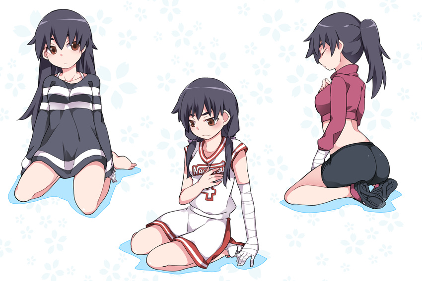 alternate_costume ass bandages barefoot basketball_uniform bike_shorts bra_strap brown_eyes closed_eyes floral_print hammer_(sunset_beach) highres jacket kanbaru_suruga long_hair looking_away monogatari_(series) multiple_views oversized_clothes oversized_shirt ponytail seiza shirt shoes sitting sneakers sportswear twintails wariza