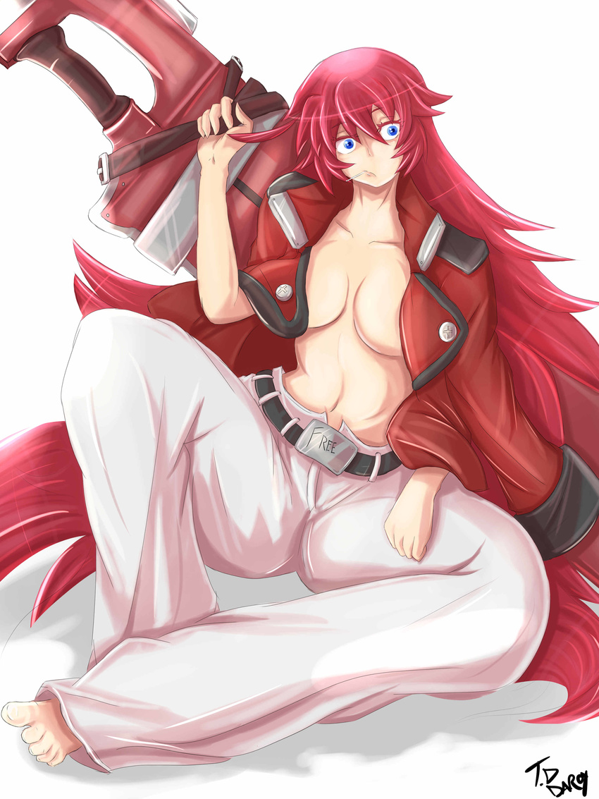 1girl ahoge arc_system_works aria_(guilty_gear) barefoot belt blue_eyes blush breasts candy cosplay enemyofgod000 guilty_gear guilty_gear_xrd large_breasts lollipop long_hair looking_at_viewer no_bra red_hair shiny shiny_hair shiny_skin simple_background sitting sol_badguy sol_badguy_(cosplay) solo sword very_long_hair weapon white_background