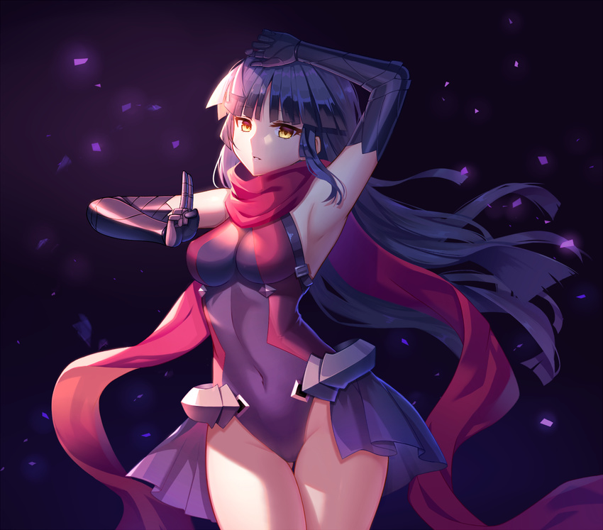 armpits arms_up ass_visible_through_thighs bangs bare_shoulders black_background black_fire_(peter02713) black_gloves black_hair blunt_bangs breasts covered_navel cowboy_shot fate/grand_order fate_(series) fighting_stance floating_hair gloves glowing highres katou_danzou_(fate/grand_order) leotard long_hair looking_at_viewer medium_breasts parted_lips purple_leotard purple_skirt red_scarf scarf showgirl_skirt simple_background single_sidelock skin_tight skirt smile solo standing thigh_gap thighs tsurime very_long_hair wind yellow_eyes