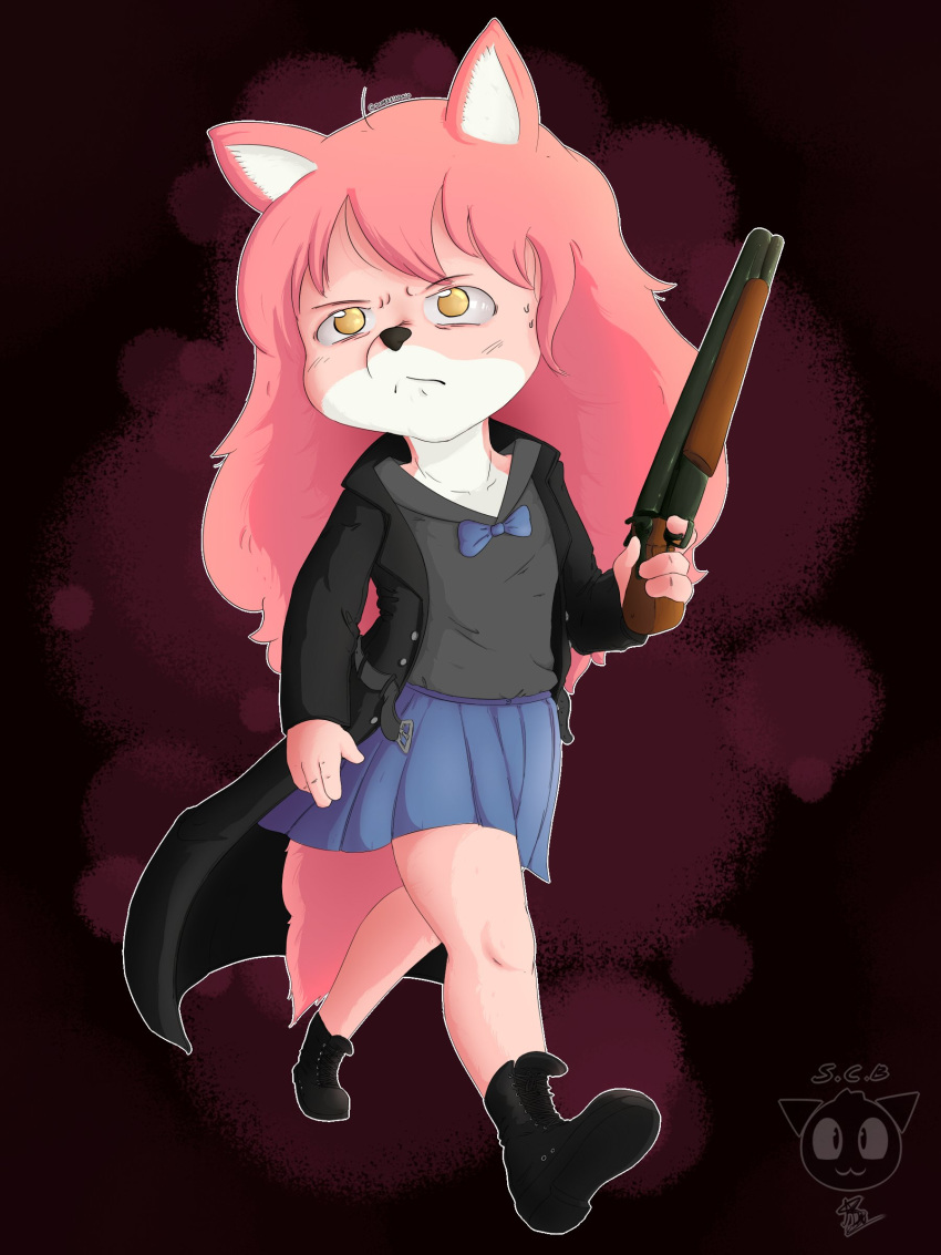 2019 absurd_res anthro boots bow_tie canid canine clothing female fluffy fluffy_tail footwear fur fur_(theterm) gun hair hi_res holding_object holding_weapon mammal pink_fur pink_hair ranged_weapon shotgun skirt solo superbinario trenchcoat walking weapon yellow_eyes