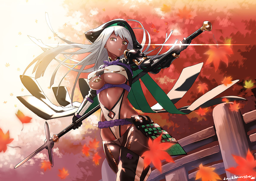 artist_name autumn autumn_leaves breasts commentary_request dark_skin eyebrows_visible_through_hair fence gloves hat holding holding_weapon jack_hamster leaf leotard leotard_under_clothes long_hair long_sleeves looking_at_viewer lowleg lowleg_pants medium_breasts navel navel_cutout original outdoors pants pauldrons polearm shiny shiny_skin silver_hair solo standing tree underboob weapon yellow_eyes