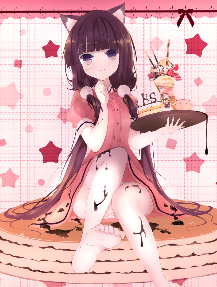 animal_ears bangs blend_s blunt_bangs blush cake cat_ears closed_mouth collared_shirt commentary_request feet food food_on_clothes hair_ornament hand_up head_tilt highres holding holding_tray lace_border long_hair looking_at_viewer low_twintails no_shoes pancake panties parfait pink_background pink_shirt pink_skirt puffy_short_sleeves puffy_sleeves purple_eyes purple_hair sakuranomiya_maika senya_fuurin shirt short_sleeves sitting skirt slice_of_cake smile soles solo stack_of_pancakes star starry_background stile_uniform syrup thighhighs toenails tray twintails underwear uniform very_long_hair waitress white_legwear white_panties