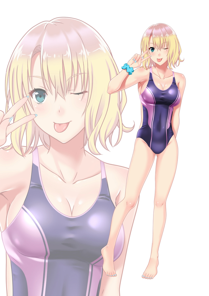 bare_shoulders barefoot blonde_hair blue_eyes blush breasts cleavage collarbone commentary_request competition_swimsuit eyebrows_visible_through_hair full_body highres large_breasts looking_at_viewer multiple_views nail_polish one-piece_swimsuit one_eye_closed original short_hair shuko_hime smile standing swimsuit tawagoto_dukai_no_deshi tehepero tongue tongue_out