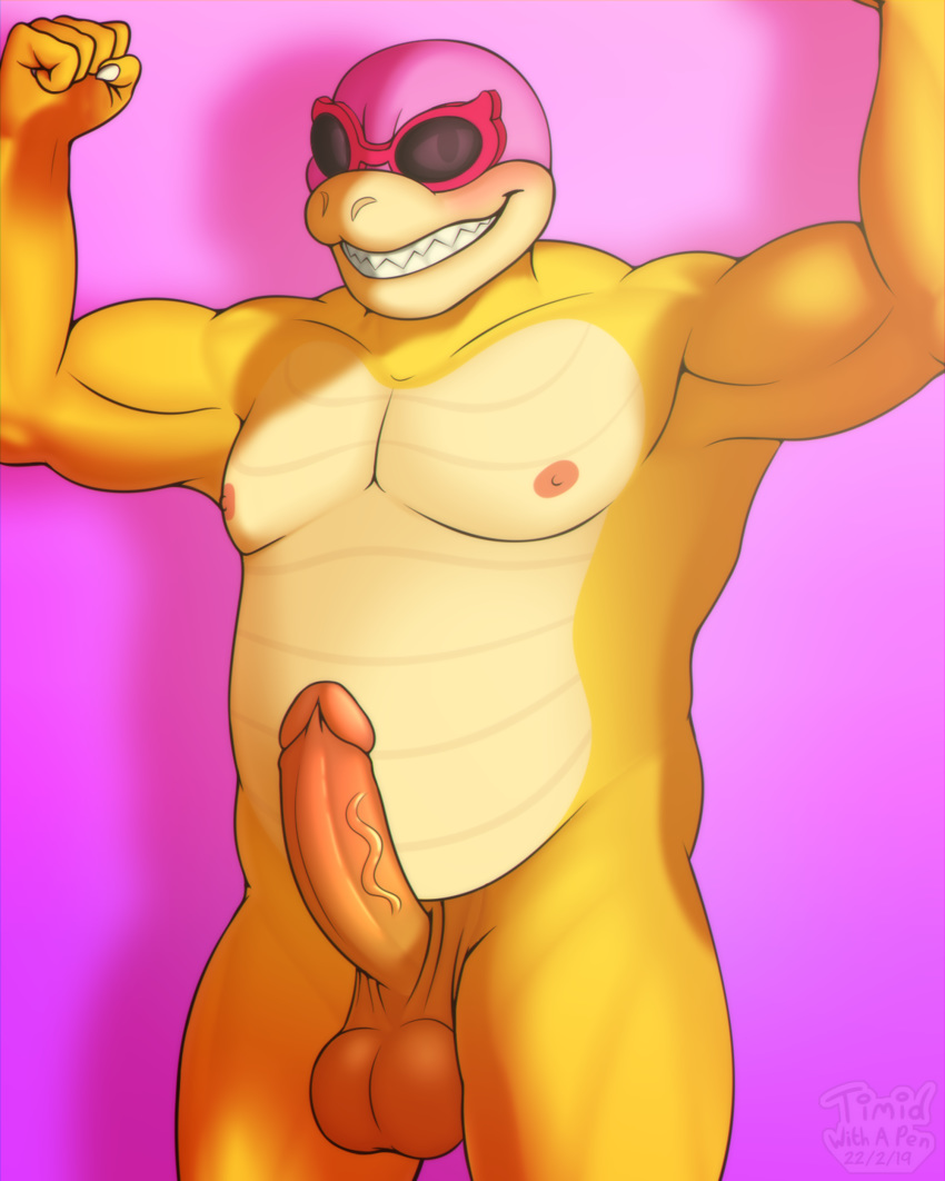 2019 5_fingers abs anthro anthrofied balls belly big_belly claws digital_media_(artwork) hi_res humanoid_penis koopa koopaling looking_at_viewer male mario_bros musclegut muscular muscular_male nintendo nipples nude penis reptile roy_koopa scalie simple_background smile solo teeth timidwithapen video_games