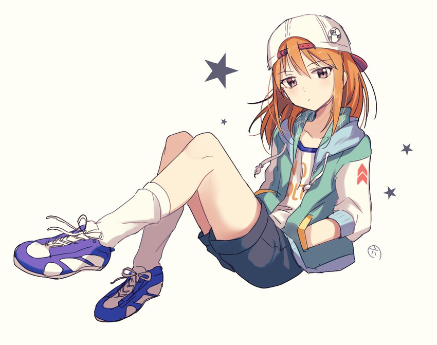 backwards_hat baseball_cap blue_shorts brown_eyes closed_mouth clothes_writing eyebrows_visible_through_hair full_body hair_between_eyes hair_through_headwear hands_in_pockets hat hood hood_down hoodie ichiren_namiro idolmaster idolmaster_cinderella_girls invisible_chair long_sleeves looking_at_viewer open_clothes open_hoodie orange_hair purple_footwear shirt shoes shorts signature simple_background sitting sneakers socks solo star white_background white_legwear white_shirt yuuki_haru