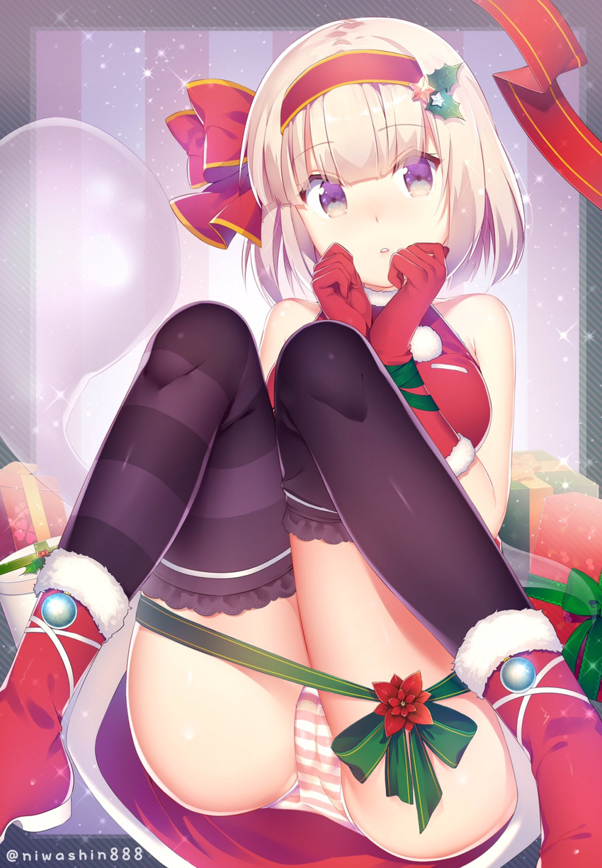 alternate_costume bare_shoulders black_legwear bob_cut bound bound_wrists box crop_top gift gift_box gloves hair_ribbon hands_up highres konpaku_youmu konpaku_youmu_(ghost) looking_at_viewer mismatched_legwear niwashi_(yuyu) panties pantyshot pantyshot_(sitting) pink_panties red_footwear red_gloves red_ribbon red_skirt ribbon santa_costume shoes silver_hair sitting skirt solo striped striped_panties thighhighs touhou twitter_username underwear