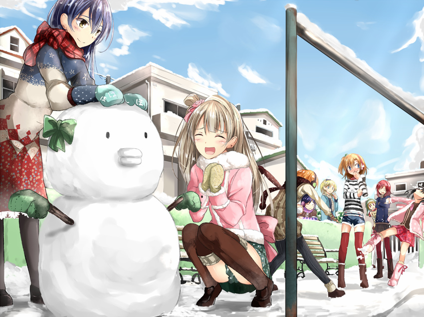 ayase_eli christmas coat commentary_request day fur_trim gloves hako_roku hoshizora_rin koizumi_hanayo kousaka_honoka long_hair love_live! love_live!_school_idol_festival love_live!_school_idol_project minami_kotori mittens multiple_girls nishikino_maki one_side_up open_mouth orange_hair outdoors pantyhose red_hair scarf smile snow snowball snowball_fight snowman sonoda_umi thighhighs toujou_nozomi twintails winter winter_clothes yazawa_nico