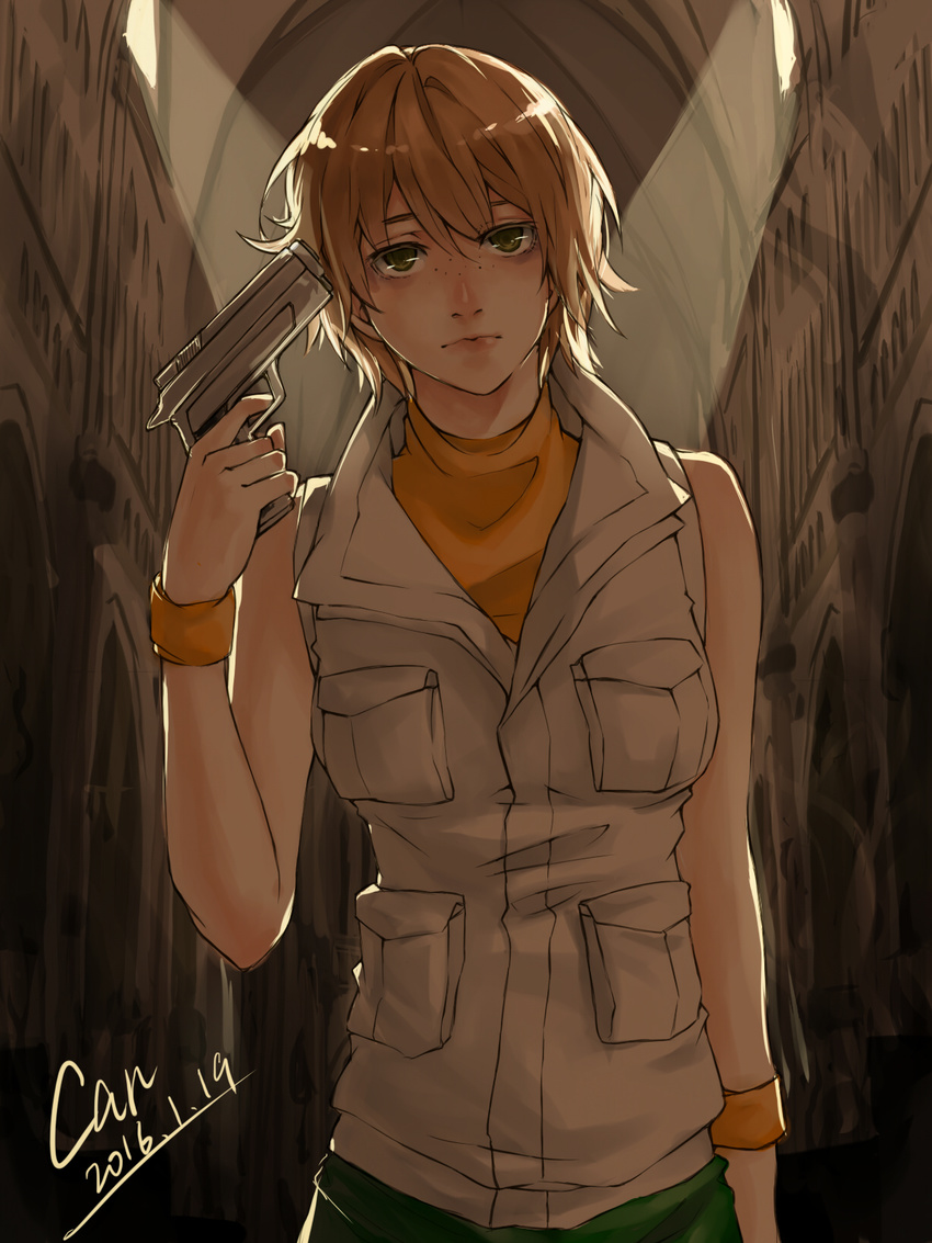 blonde_hair breasts brown_eyes commentary_request heather_mason highres jacket liudachi medium_breasts miniskirt short_hair silent_hill silent_hill_3 skirt sleeveless sleeveless_turtleneck solo turtleneck turtleneck_dress vest