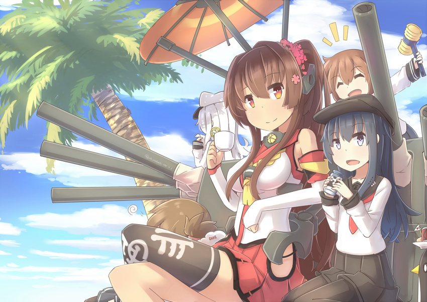 absurdres akatsuki_(kantai_collection) anchor_symbol black_legwear bottle brown_hair cannon cherry_blossoms cup day detached_sleeves flat_cap flower folded_ponytail hair_flower hair_ornament hat headgear hibiki_(kantai_collection) highres hinbackc hip_vent holding holding_bottle holding_cup holding_hammer ikazuchi_(kantai_collection) inazuma_(kantai_collection) kantai_collection long_hair mallet miniskirt multiple_girls oriental_umbrella outdoors palm_tree pantyhose piko_piko_hammer pleated_skirt ponytail purple_hair remodel_(kantai_collection) rigging school_uniform serafuku single_thighhigh skirt sky thighhighs tree turret umbrella verniy_(kantai_collection) very_long_hair white_hair white_hat yamato_(kantai_collection)