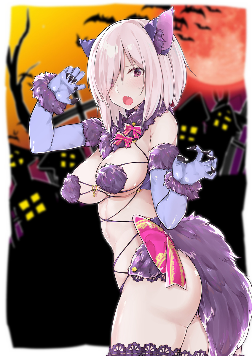 :o absurdres animal_ears arm_up bat blush breasts cleavage contrapposto cowboy_shot dangerous_beast elbow_gloves eyes_visible_through_hair fang fate/grand_order fate_(series) fingernails from_side gloves hair_over_one_eye highres kemonomimi_mode looking_at_viewer mash_kyrielight medium_breasts mitsudoue open_mouth pink_hair purple_eyes purple_gloves purple_legwear revealing_clothes sharp_fingernails short_hair solo standing sweatdrop tail thighhighs