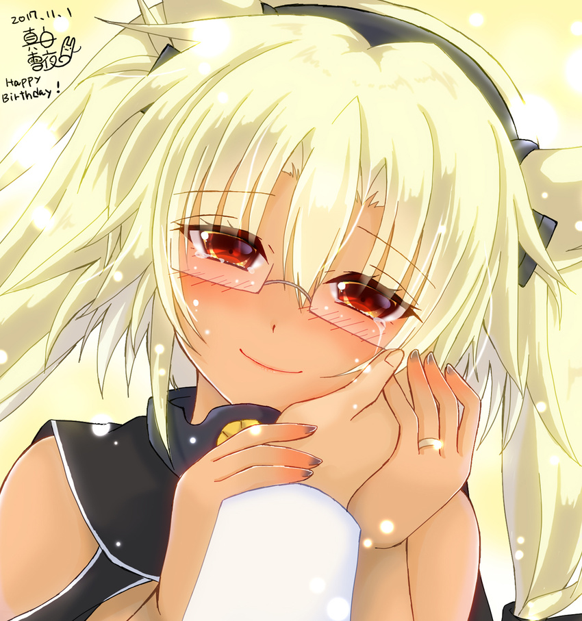 1girl admiral_(kantai_collection) alternate_hair_color blush commentary_request crying crying_with_eyes_open dark_skin dated english forehead glasses gorget gradient_nails grey-framed_eyewear grey_nails hand_on_another's_cheek hand_on_another's_face happy happy_birthday happy_tears head_tilt highres jewelry kantai_collection kikumon looking_at_viewer musashi_(kantai_collection) nail_polish orange_eyes out_of_frame platinum_blonde_hair pov pov_hands rectangular_eyewear ring semi-rimless_eyewear smile solo_focus tears under-rim_eyewear upper_body wedding_band