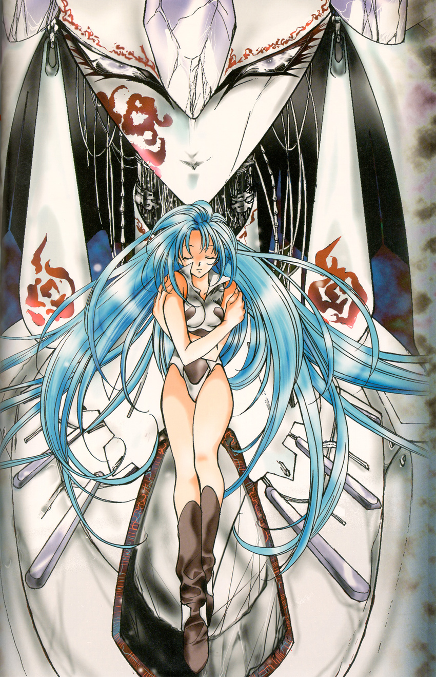 00s 1girl antenna_hair bare_legs bare_shoulders blue_hair breasts female highleg highleg_leotard leotard long_hair machine mecha medium_breasts megami_kouhosei robot scan sugisaki_yukiru teela_zain_elmes thighhighs very_long_hair white_leotard