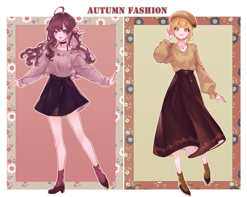 :3 :d adjusting_hair ahoge alternate_costume arm_at_side bangs belt beret black_choker blonde_hair blue_eyes border brown_hat brown_legwear brown_skirt brown_sweater casual choker closed_mouth dress earrings eyelashes fashion floral_print flower flower_border green_eyes hado_(gjdlsxor1) hair_flower hair_ornament hat high-waist_skirt high_heels ichinose_shiki idolmaster idolmaster_cinderella_girls jewelry juliet_sleeves layered_clothing lazy_lazy_(idolmaster) lips long_hair long_skirt long_sleeves looking_at_viewer miyamoto_frederica multiple_girls necklace open_mouth out_of_frame outline outstretched_arms puffy_sleeves purple_dress purple_hair purple_legwear purple_sweater rose_print short_hair single_sidelock skirt sleeveless sleeveless_dress smile socks spaghetti_strap standing standing_on_one_leg sweater wavy_hair