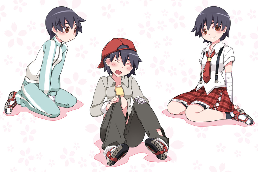 alternate_costume backwards_hat bandages baseball_cap blush brown_eyes closed_eyes floral_print hammer_(sunset_beach) hat highres kanbaru_suruga knees_up looking_at_viewer monogatari_(series) multiple_views necktie pants plaid plaid_skirt seiza shoes short_hair shorts shorts_under_skirt sitting skirt smile sneakers suspenders tomboy torn_clothes torn_pants track_suit wariza