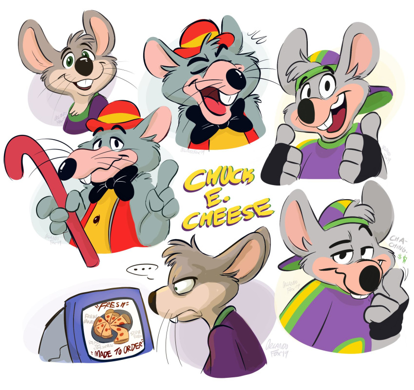 2019 anthro chuck_e_cheese clothed clothing food fur hi_res male mammal mascot mouse orlandofox pizza rat rodent simple_background whiskers