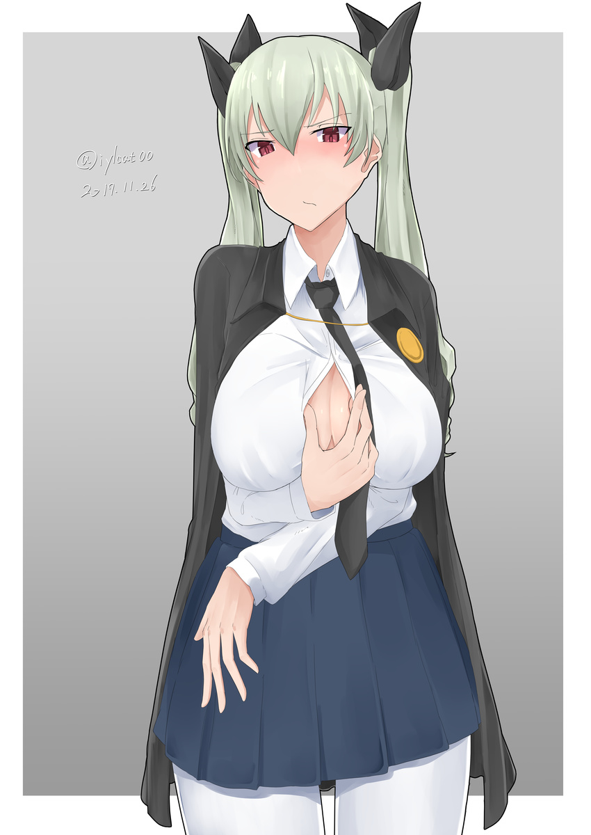 1girl absurdres anchovy anzio_school_uniform blush breasts cape cleavage drill_hair girls_und_panzer green_hair hair_ornament hair_ribbon highres irukatto large_breasts red_eyes ribbon skirt solo twintails