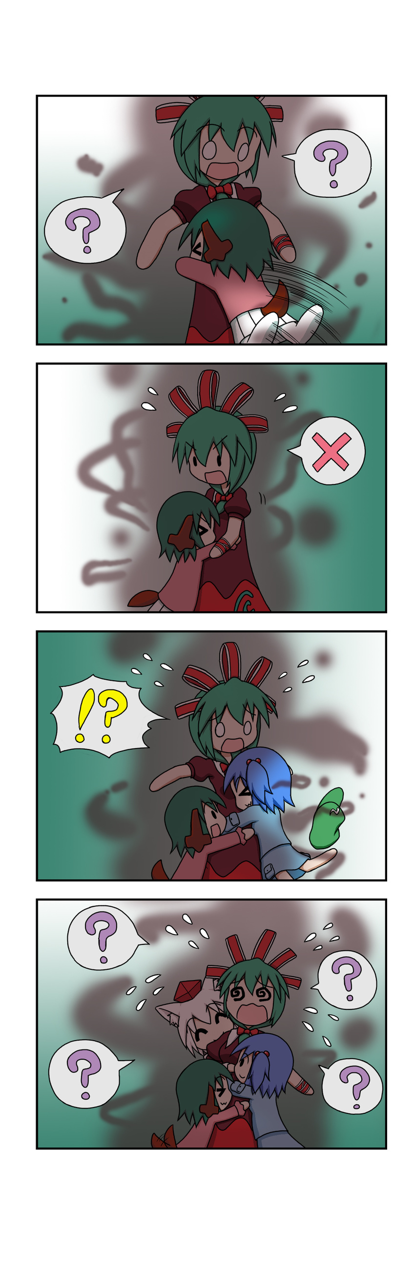 &gt;_&lt; 4girls 4koma :3 :o ? @_@ ^_^ absurdres blue_hair closed_eyes comic glomp green_hair group_hug hat hat_removed headwear_removed highres hug hug_from_behind inubashiri_momiji kagiyama_hina kasodani_kyouko kawashiro_nitori multiple_girls rakugaki-biyori silent_comic spoken_interrobang spoken_question_mark spoken_x touhou white_hair x3