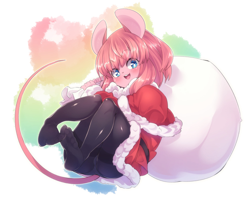 1girl animal_ears ass belt black_legwear blue_eyes capelet christmas commentary_request dress feet knees_up mouse_ears mouse_tail open_mouth original panties panties_under_pantyhose pantyhose pink_hair red_capelet red_dress santa_costume short_hair smile soles solo tail underwear white_panties yuuki_(yuyuki000)