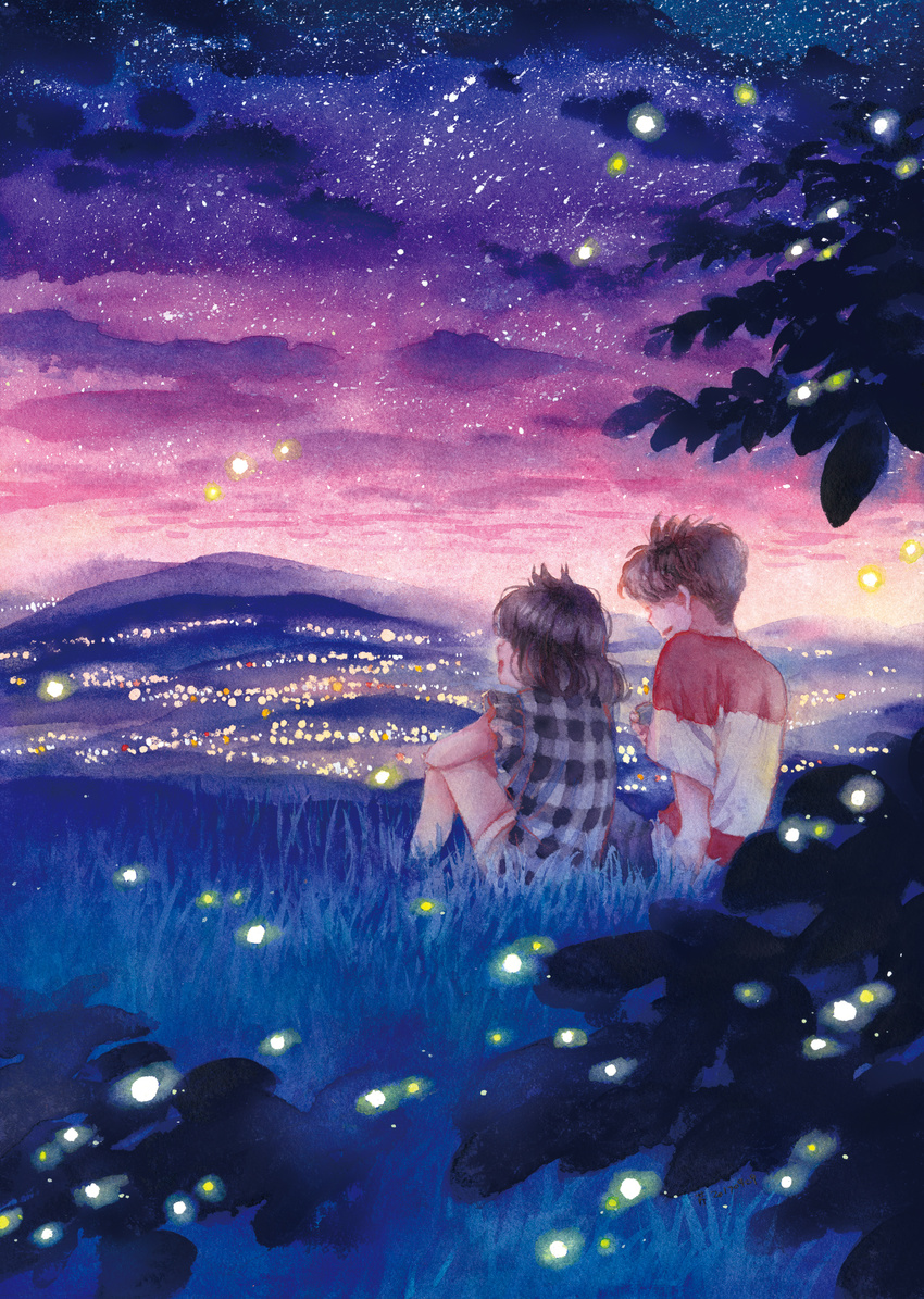 1girl absurdres blurry city_lights cloud commentary couple depth_of_field fireflies grass hetero highres hill long_hair looking_at_another night open_mouth original plaid scenery selina short_hair shorts sitting sky star_(sky) summer sunset traditional_media tree watercolor_(medium)