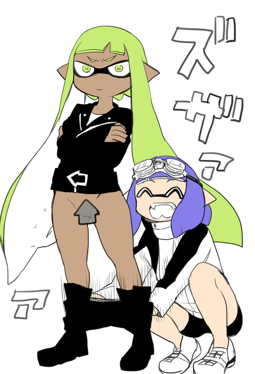 1girl assisted_exposure bike_shorts black_shorts blue_hair boots censored commentary_request dark_skin domino_mask fangs genderswap genderswap_(mtf) goggle-kun_(splatoon) goggles goggles_on_head green_hair highres inkling iriehana jacket mask novelty_censor pantsing parody pointy_ears pulled_by_another pussy rider-kun_(splatoon) see-through shoes shorts sneakers splatoon_(manga) splatoon_(series) squid tentacle_hair track_jacket transparent_censoring