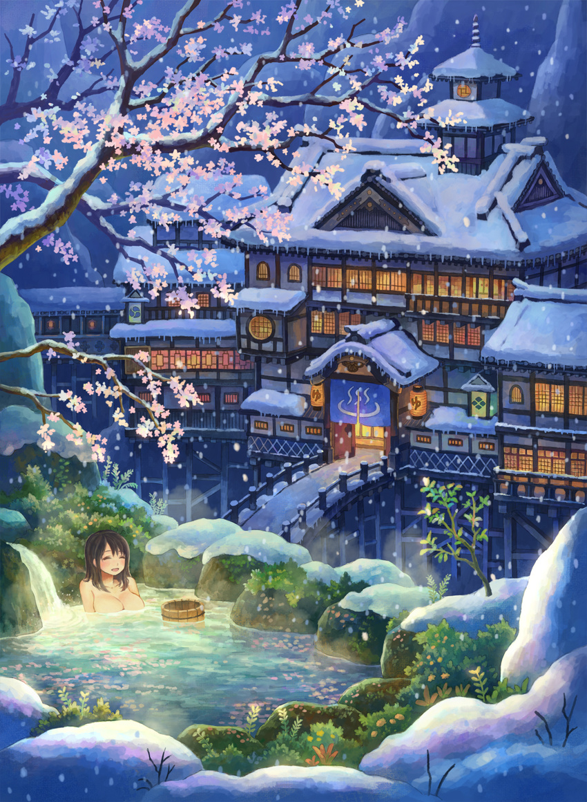 :d ^_^ ^o^ afloat architecture bathing black_hair blush breasts bridge bucket building cherry_blossoms cleavage closed_eyes collarbone east_asian_architecture highres house kemi_neko lantern long_hair mansion medium_breasts moss night nude onsen open_mouth original outdoors partially_submerged rock scenery smile snow snowing solo steam tree tree_branch upper_body water winter wooden_bucket