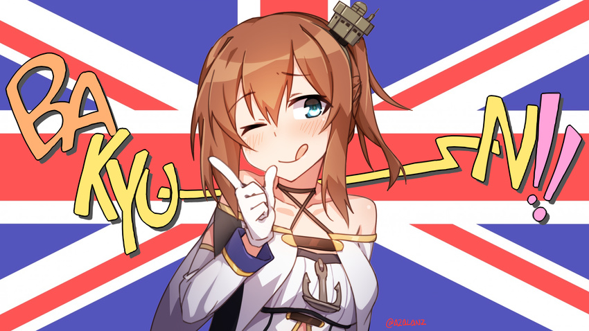 ;q artist_name azur_lane bakyu-n!! bangs bare_shoulders blush brown_hair closed_mouth collared_shirt commentary criss-cross_halter detached_sleeves eyebrows_visible_through_hair flag_background gloves hair_between_eyes hairband halterneck head_tilt highres index_finger_raised long_hair long_sleeves looking_at_viewer one_eye_closed parody repulse_(azur_lane) shirt side_ponytail smile solo sound_effects tilt-shift tongue tongue_out twitter_username union_jack upper_body white_gloves yuru_yuri