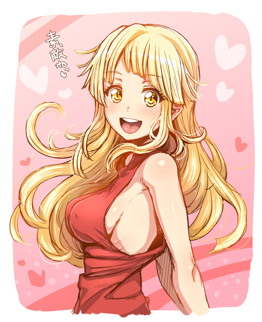 :d bang_dream! bangs blonde_hair blush breasts commentary_request enoshima_iki heart highres long_hair looking_at_viewer medium_breasts open_mouth pink_background ribs round_teeth sideboob sidelocks sleeveless smile solo teeth translation_request tsurumaki_kokoro upper_body upper_teeth yellow_eyes