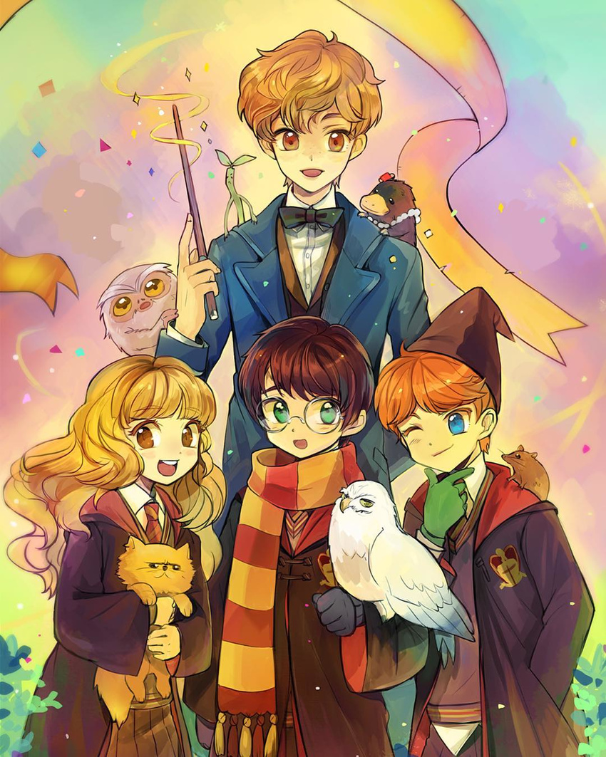 1girl 4boys blue_eyes bowtie bowtruckle brown_eyes brown_hair cat crest crookshanks demiguise fantastic_beasts_and_where_to_find_them glasses gloves green_eyes green_gloves harry_james_potter harry_potter hat hedwig hermione_granger multiple_boys necktie newt_scamander niffler open_mouth orange_hair owl pleated_skirt rat robes ron_weasley scabbers scarf school_uniform smile striped_necktie striped_scarf time_paradox waistcoat wand wink
