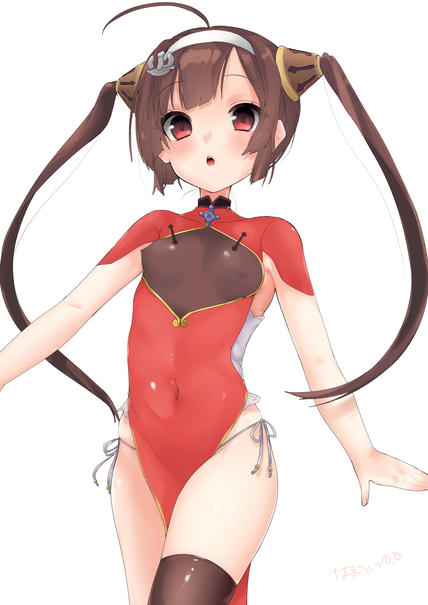 absurdres ahoge anchor_hair_ornament azur_lane bangs bare_arms black_legwear bow breasts brown_hair covered_navel covered_nipples cowboy_shot hair_bow hair_ornament hairband highres long_hair looking_at_viewer panties ping_hai_(azur_lane) red_eyes short_sleeves side-tie_panties sidelocks simple_background single_thighhigh small_breasts solo takio_(kani_sama) thighhighs twintails underwear white_background white_hairband white_panties