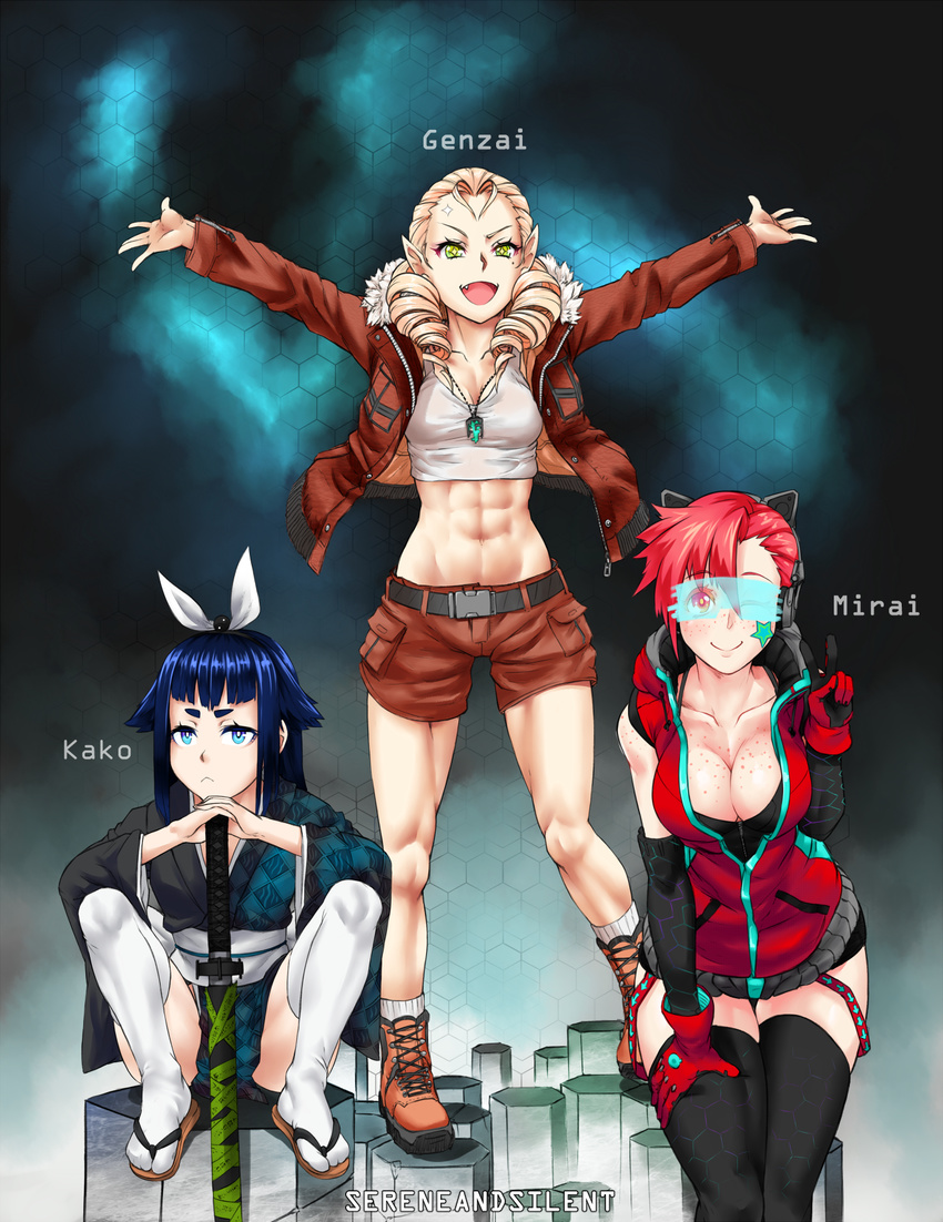 3girls :&lt; :d ;) abs artist_name asymmetrical_bangs axent_wear bangs bare_shoulders belt black_legwear blonde_hair blue_eyes blue_hair blunt_bangs breasts brown_footwear brown_jacket brown_shorts cat_ear_headphones character_name cleavage closed_mouth collarbone commentary crop_top cross-laced_footwear detached_sleeves drill_hair eyebrows_visible_through_hair fang freckles fur_trim genzai_(sereneandsilent) gloves green_eyes groin hair_flaps hair_pulled_back hair_ribbon hand_on_own_thigh hands_on_hilt headphones hexagon highres honeycomb_(pattern) honeycomb_print hood hooded_jacket jacket japanese_clothes jewelry kako_(sereneandsilent) kimono large_breasts long_sleeves looking_at_viewer medium_breasts midriff mirai_(sereneandsilent) multiple_girls necklace obi one_eye_closed open_clothes open_jacket open_mouth original outstretched_arms pointy_ears red_eyes red_gloves red_hair ribbon sandals sash sereneandsilent sheath sheathed shirt shorts sitting smile socks sparkle standing star_tattoo sword tattoo thighhighs twin_drills unzipped v v-shaped_eyebrows visor weapon white_legwear white_ribbon white_shirt zipper