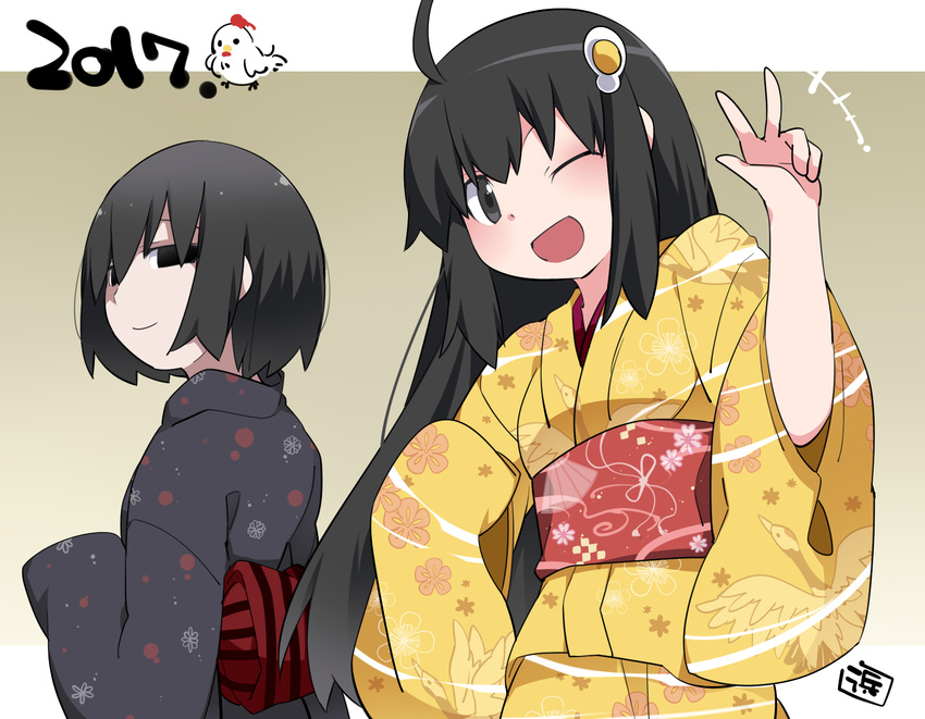 2girls :d ahoge araragi_tsukihi bangs black_eyes black_hair black_kimono chinese_zodiac egg_hair_ornament food_themed_hair_ornament gradient gradient_background grey_background hair_ornament hammer_(sunset_beach) hand_up highres japanese_clothes kimono long_hair long_sleeves looking_at_viewer monogatari_(series) multiple_girls obi one_eye_closed open_mouth oshino_ougi sash short_hair signature smile w wide_sleeves year_of_the_rooster yellow_kimono