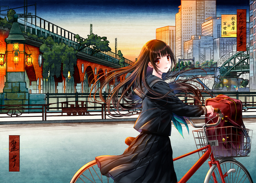 bag bicycle bicycle_basket black_hair black_serafuku bridge brown_eyes brown_hair building city commentary ground_vehicle happy highres kazuharu_kina lantern locomotive long_hair looking_at_viewer looking_to_the_side manseibashi original outdoors pleated_skirt railing real_world_location scenery school_bag school_uniform serafuku sign signature skirt sky smile solo sunset tokyo_(city) translation_request tree walking walking_bike wind winter_uniform