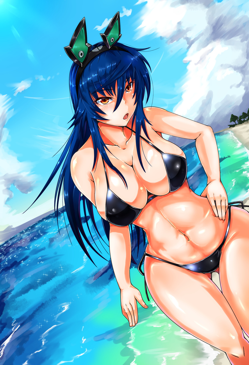 1girl beach blue_hair blush breasts brown_eyes cleavage curvy headgear kanikan large_breasts long_hair navel open_mouth original_xiii_type.ii_"sd03ve" solo standing swimsuit thigh_gap tongue wide_hips z/x