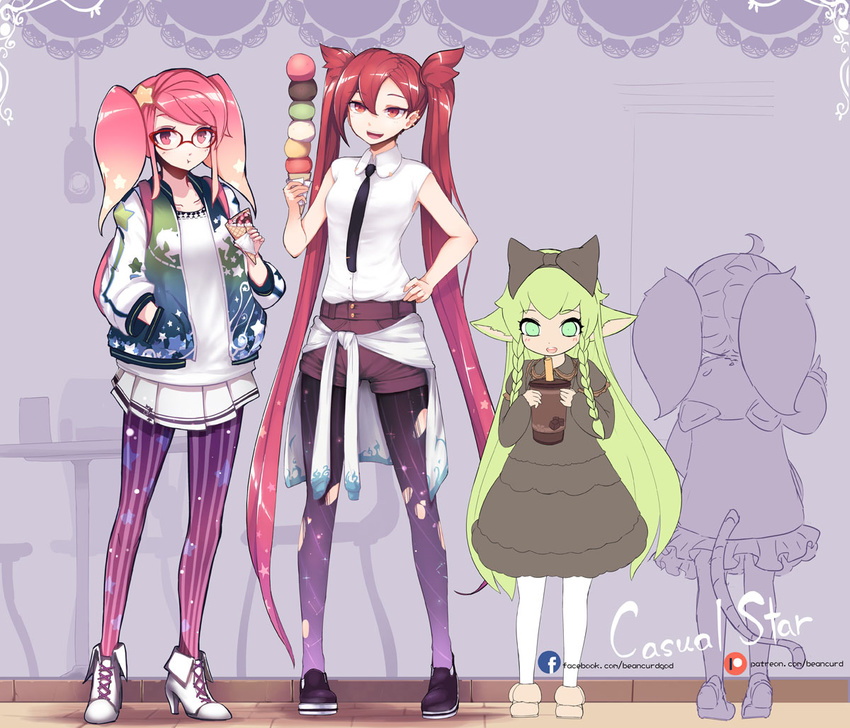 3girls alternate_hair_color alternate_hairstyle bare_shoulders beancurd black_dress bow braid drink fluffy_ears glasses green_hair high_heel_boots ice_cream jacket jinx_(league_of_legends) league_of_legends long_hair lulu_(league_of_legends) luxanna_crownguard magical_girl multiple_girls pointy_ears short_hair shorts skirt star_guardian_jinx star_guardian_lulu star_guardian_lux thighhighs twin_braids twintails yordle