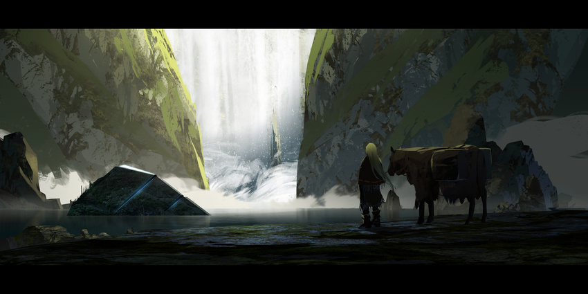 absurdres asuteroid backpack bag boots capelet day facing_away foam from_behind highres horse iris_(asuteroid) lake long_hair original outdoors reins ruins scenery science_fiction solo standing steam very_long_hair water waterfall wide_shot