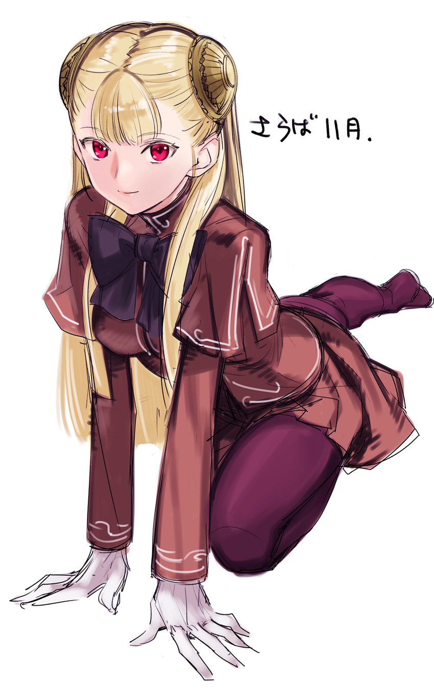 arm_up bangs blonde_hair blunt_bangs bow bowtie capcom_fighting_jam closed_mouth double_bun dress eyebrows_visible_through_hair full_body gloves highres ingrid long_hair long_sleeves looking_at_viewer no_shoes pantyhose purple_legwear purple_neckwear red_dress simple_background smile solo stretch tetsu_(kimuchi) translated white_background white_gloves