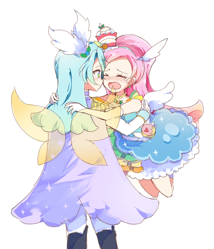 1boy 1girl blue_hair blush brother_and_sister crying cure_parfait cure_waffle highres hug kaeru_(pau777) kirahoshi_ciel kirakira_precure_a_la_mode long_hair magical_boy magical_girl pikario_(precure) pink_hair precure siblings sketch spoilers transparent_wings