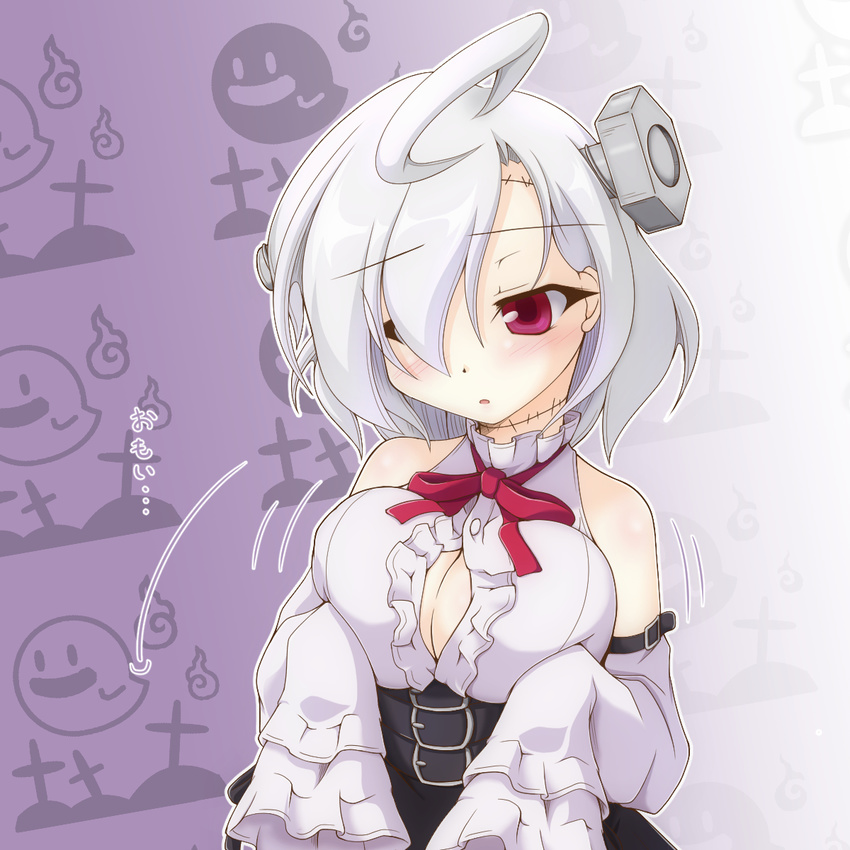 :o ahoge arm_belt azur_lane bare_shoulders belt black_skirt blush bolt bow breast_lift breasts cleavage_cutout detached_sleeves eyebrows_visible_through_hair frilled_shirt frills hair_over_one_eye high-waist_skirt highres kurenaidahlia large_breasts multiple_belts purple_eyes red_bow shirt short_hair skirt sleeves_past_wrists solo stitches terror_(azur_lane) upper_body white_hair