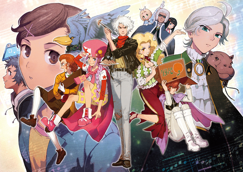 6+boys ahoge akutsumi antonin_dvorak_(classicaloid) bird blonde_hair blue_hair box breasts brown_hair cardboard_box checkered_shorts chopsticks classicaloid cleavage dumpling everyone facial_hair food franz_liszt_(classicaloid) franz_schubert_(classicaloid) frederic_chopin_(classicaloid) hair_ornament hairclip hasshii_(classicaloid) high_heels hippopotamus jiaozi johann_sebastian_bach_(classicaloid) kagura_sousuke long_hair ludwig_van_beethoven_(classicaloid) medium_breasts mikan_box multiple_boys multiple_girls mustache orange_hair otowa_kanae pad-kun_(classicaloid) pyotr_illyich_tchaikovsky_(classicaloid) red_scarf richard_wagner_(classicaloid) scarf shoebill short_hair shorts silver_hair staff_(music) sunglasses tekla_badarzewska-baranowska_(classicaloid) v white_hair wolfgang_amadeus_mozart_(classicaloid) x_hair_ornament