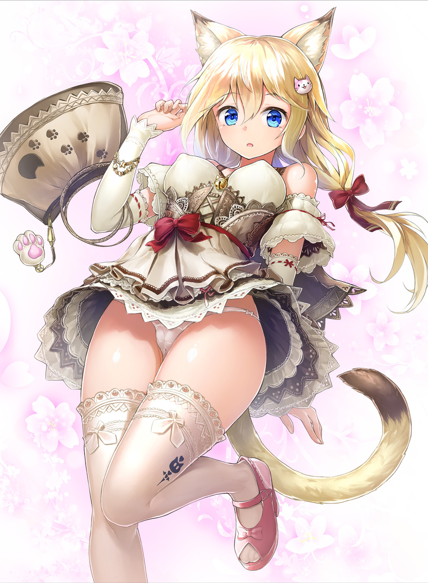 :o animal_ear_fluff animal_ears animal_print bag bangs bell between_breasts blonde_hair blue_eyes blush bow bow_panties bracelet breasts cameltoe cat_ears cat_hair_ornament cat_print cat_tail commentary corset covered_nipples cross-laced_clothes detached_sleeves dress eyebrows eyebrows_visible_through_hair floral_print hair_between_eyes hair_bow hair_ornament hairclip hand_up high_heels highres jewelry jingle_bell lace lace-trimmed_dress lace_trim leg_up long_hair looking_at_viewer low_twintails md5_mismatch medium_breasts off_shoulder open_toe_shoes original panties pantyshot paw_print pink_background pink_bow pink_footwear red_bow red_ribbon revision ribbon ribbon-trimmed_sleeves ribbon_trim shell shoes short_dress skin_tight solo solru tail thighhighs twintails underwear upskirt white_bow white_panties