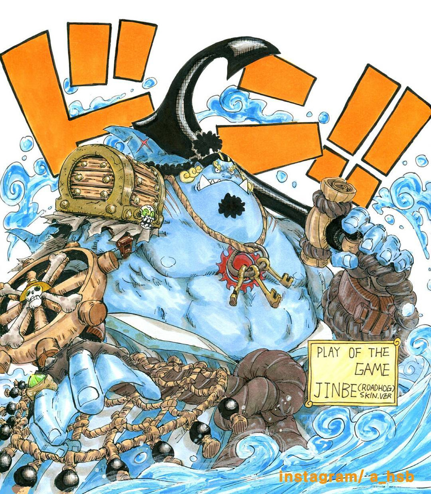 1boy anchor black_hair character_name cosplay fishman han_seok-bum jinbei_(one_piece) official_style one_piece overwatch roadhog_(overwatch) roadhog_(overwatch)_(cosplay) solo