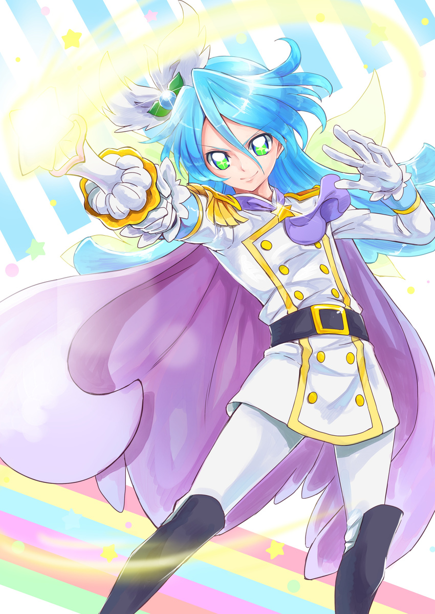 1boy absurdres belt blue_hair boots cape cure_waffle double-breasted epaulettes gloves green_eyes hair_ornament highres kirakira_precure_a_la_mode long_hair magical_boy male_focus pikario_(precure) precure sharumon smile spoilers wand white_gloves