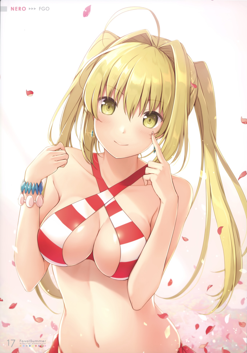 6u_(eternal_land) absurdres bangs bare_shoulders bikini blonde_hair bracelet breasts character_name cleavage collarbone criss-cross_halter earrings eyebrows_visible_through_hair fate/grand_order fate_(series) fingernails gradient gradient_background halter_top halterneck highres huge_filesize jewelry large_breasts long_hair looking_at_viewer navel nero_claudius_(fate)_(all) nero_claudius_(swimsuit_caster)_(fate) petals scan shiny simple_background solo striped striped_bikini swimsuit twintails upper_body yellow_eyes