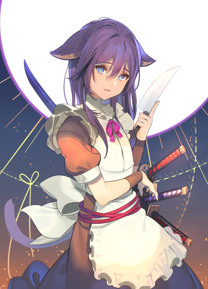 absurdres alternate_costume animal_ears apron bad_id bad_pixiv_id bangs black_dress blue_eyes bow cat_ears cat_girl cat_tail commentary_request dress ears_down energy_ball enmaided eyebrows_visible_through_hair hair_between_eyes head_tilt highres holding holding_knife index_finger_raised katana kitchen_knife knife koyoi_mitsuki looking_at_viewer maid maid_apron orb original parted_lips puffy_short_sleeves puffy_sleeves purple_hair sheath sheathed short_sleeves solo sword tail weapon white_apron white_bow wrist_guards