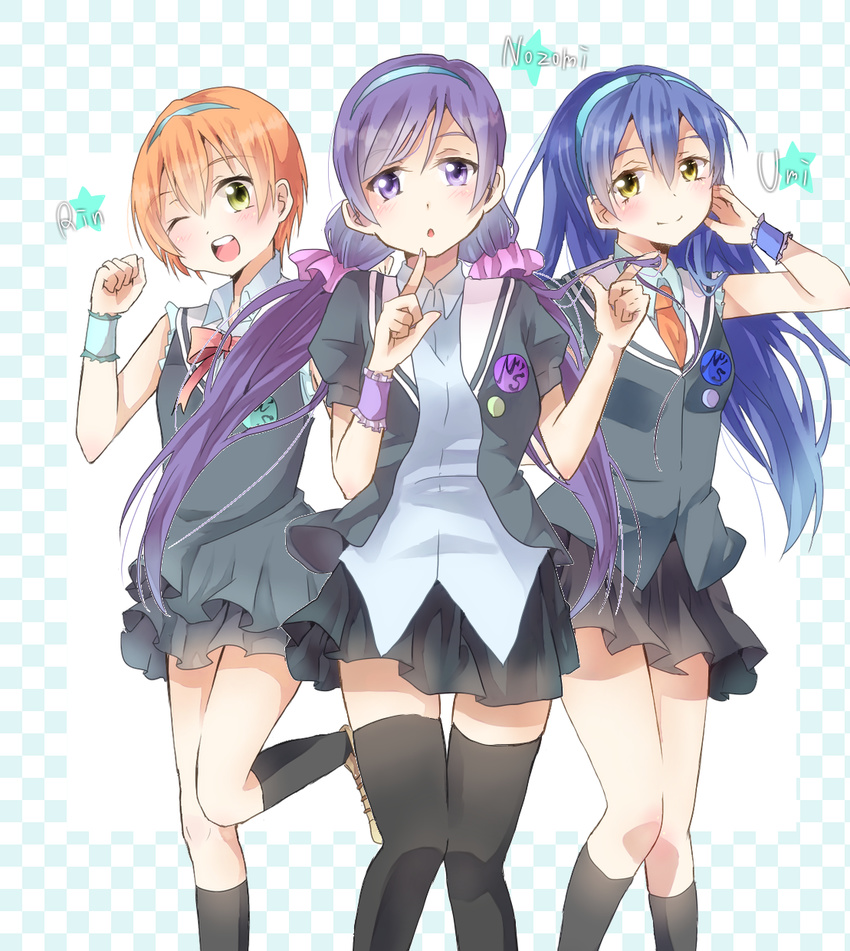 ;) armband black_legwear black_skirt blue_hair blush character_name checkered checkered_background commentary_request dress green_eyes hair_ornament hair_scrunchie hair_twirling hairband highres hoshizora_rin lily_white_(love_live!) long_hair looking_at_viewer love_live! love_live!_school_idol_project low_twintails multiple_girls nokuro one_eye_closed open_mouth orange_hair pink_scrunchie purple_hair scrunchie short_hair skirt smile sonoda_umi thighhighs toujou_nozomi twintails yellow_eyes