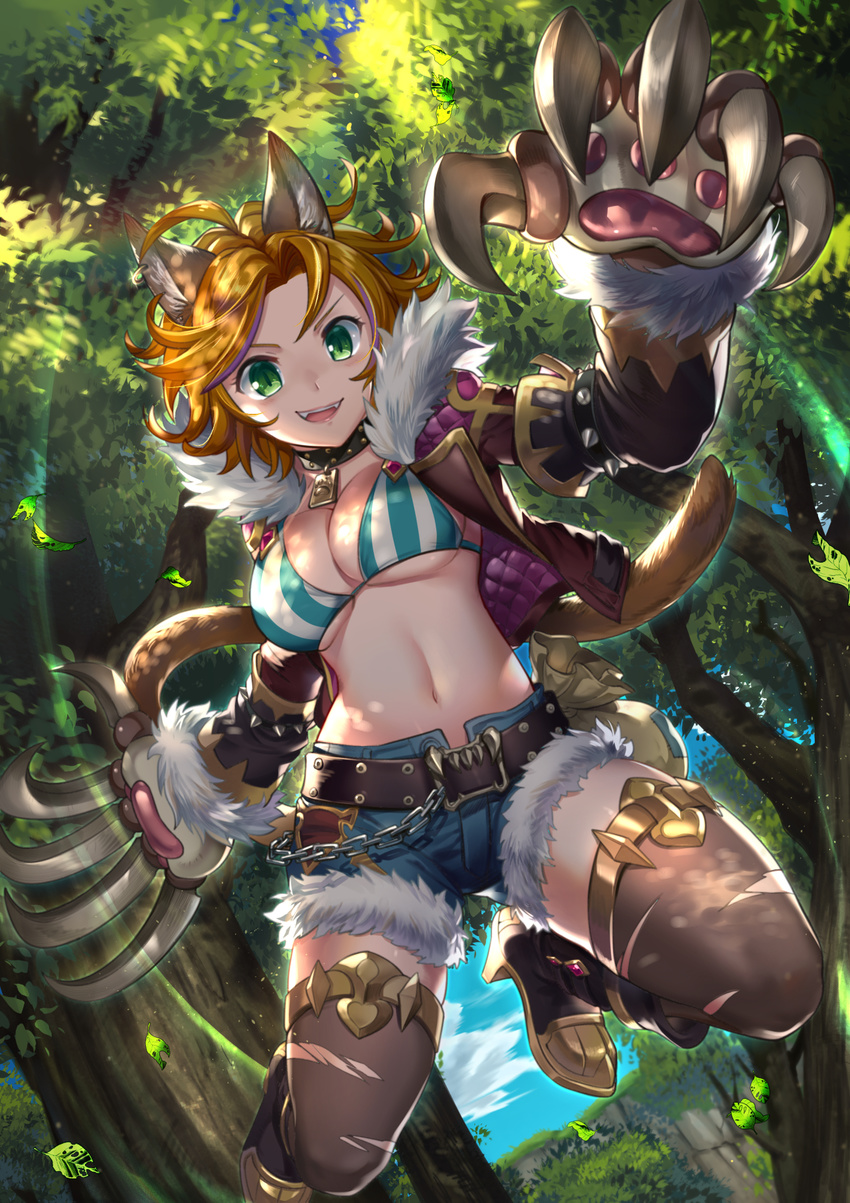:d ahoge animal_ears belt boots breasts chain claws collar commentary_request cropped_jacket day fangs forest foxvulpine fur-trimmed_shorts fur_collar gloves green_eyes high_heel_boots high_heels highres jumping leaf looking_at_viewer medium_breasts midriff nature navel open_mouth orange_hair original outdoors paw_gloves paws sack short_hair short_shorts shorts smile smirk solo striped tail teeth thighhighs torn_clothes torn_legwear tree v-shaped_eyebrows vertical_stripes